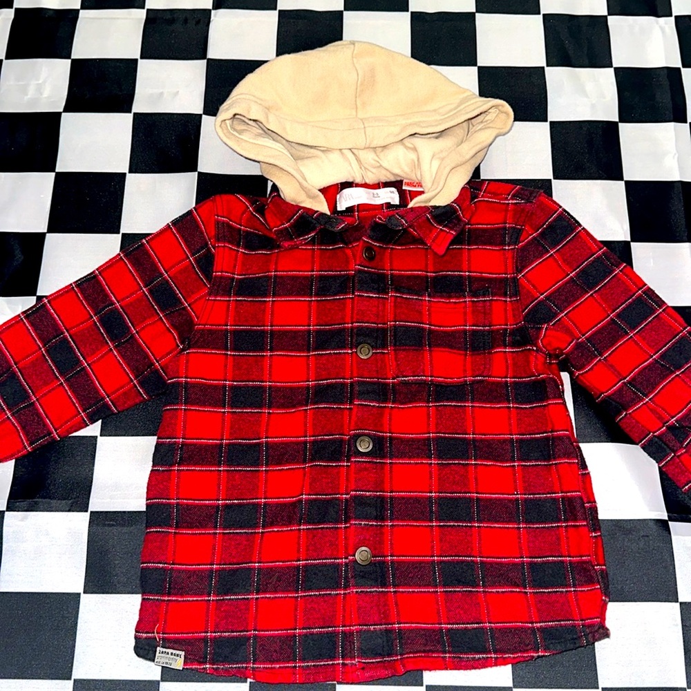 Zara Kids Baby Boys Red & Navy Plaid Button Down Flannel w/ Nude Hood Size 2-3